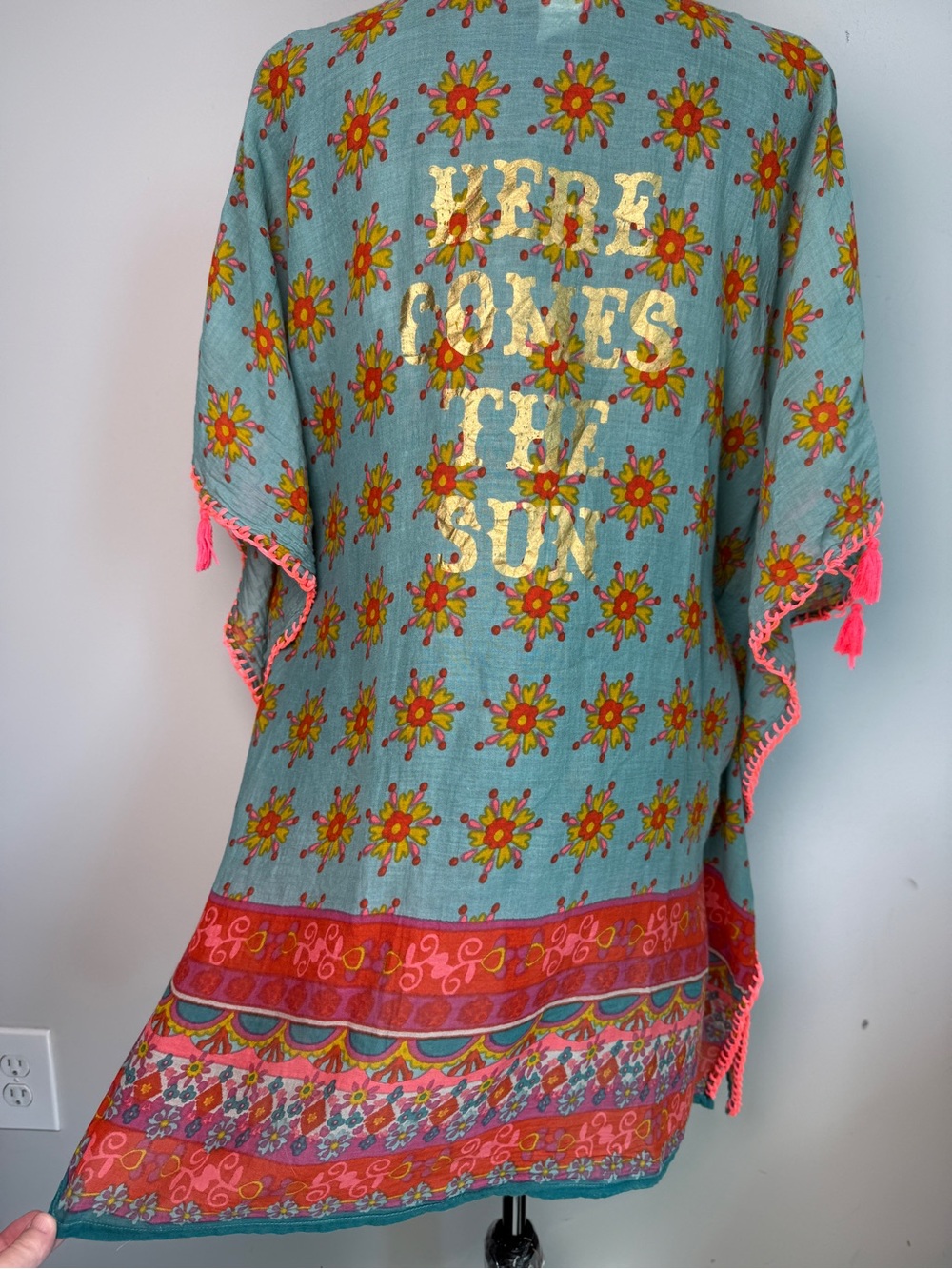 Natural Life "Here Comes The Sun" Boho Poncho Teal Floral OS